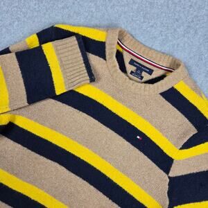 Tommy Hilfiger Small Stripe Crewneck Wool Blend Sweater Navy Blue Yellow Beige